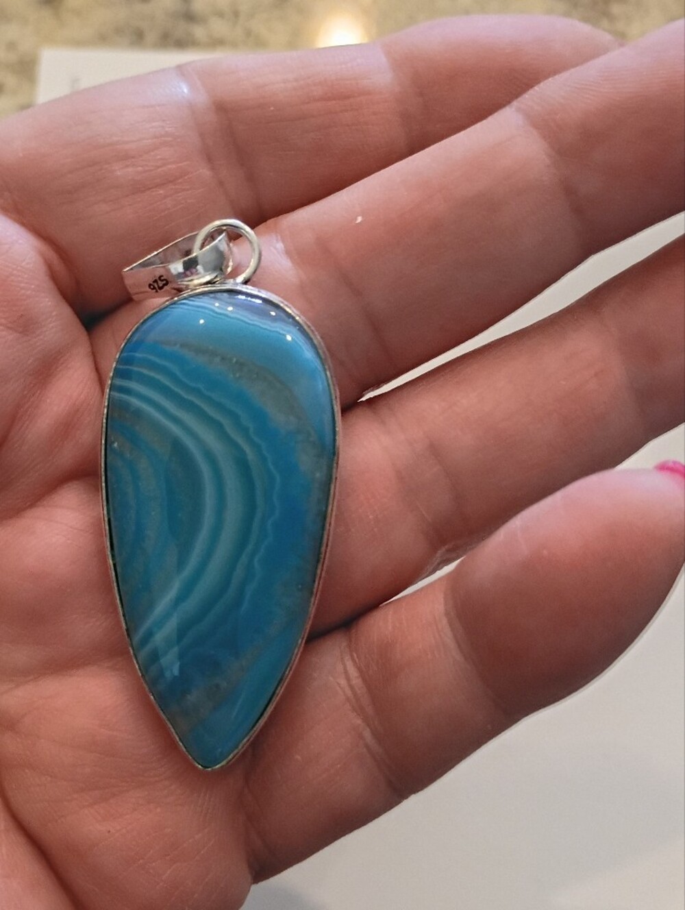 Blue Teardrop Real Agate Stone Pendant Beautiful Patterns!